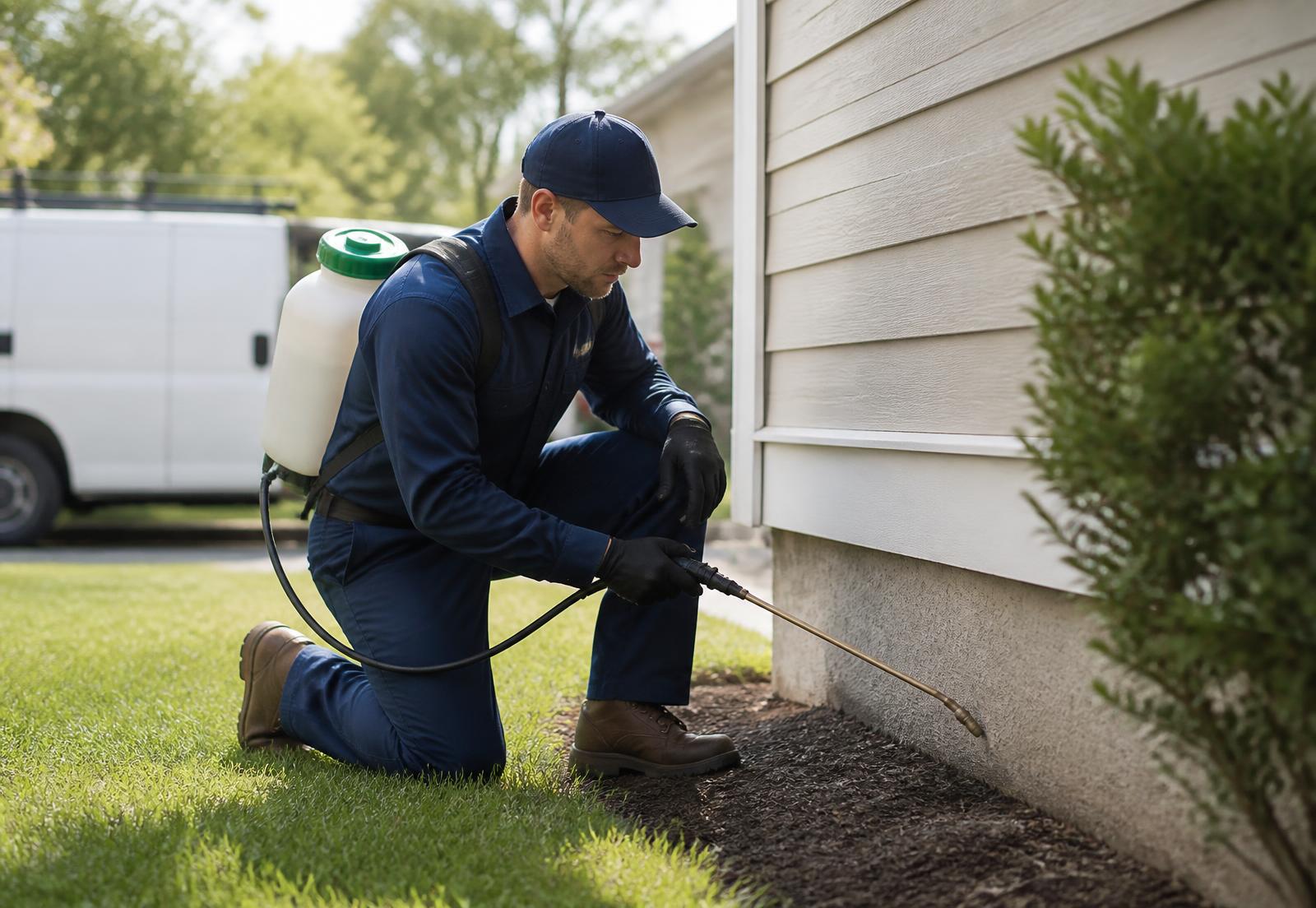 Pest control technician applying a perimeter treatment along the foundation of a suburban home